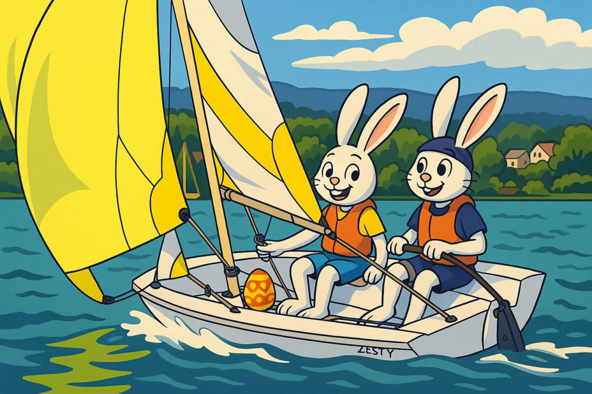 Illustration d'un lapin de Pâques et d'un voilier sur le Lac Léman