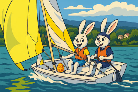 Illustration d'un lapin de Pâques et d'un voilier sur le Lac Léman