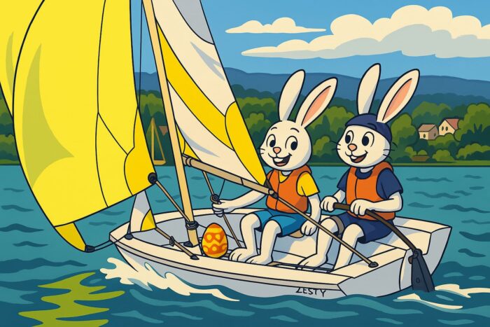 Illustration d'un lapin de Pâques et d'un voilier sur le Lac Léman